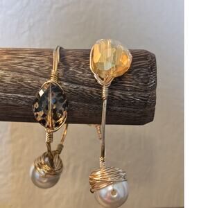 Two Chunky Wire Wrapped Gold Tone Faux Pearl Gem 2.5" Wide Bangle Bracelets